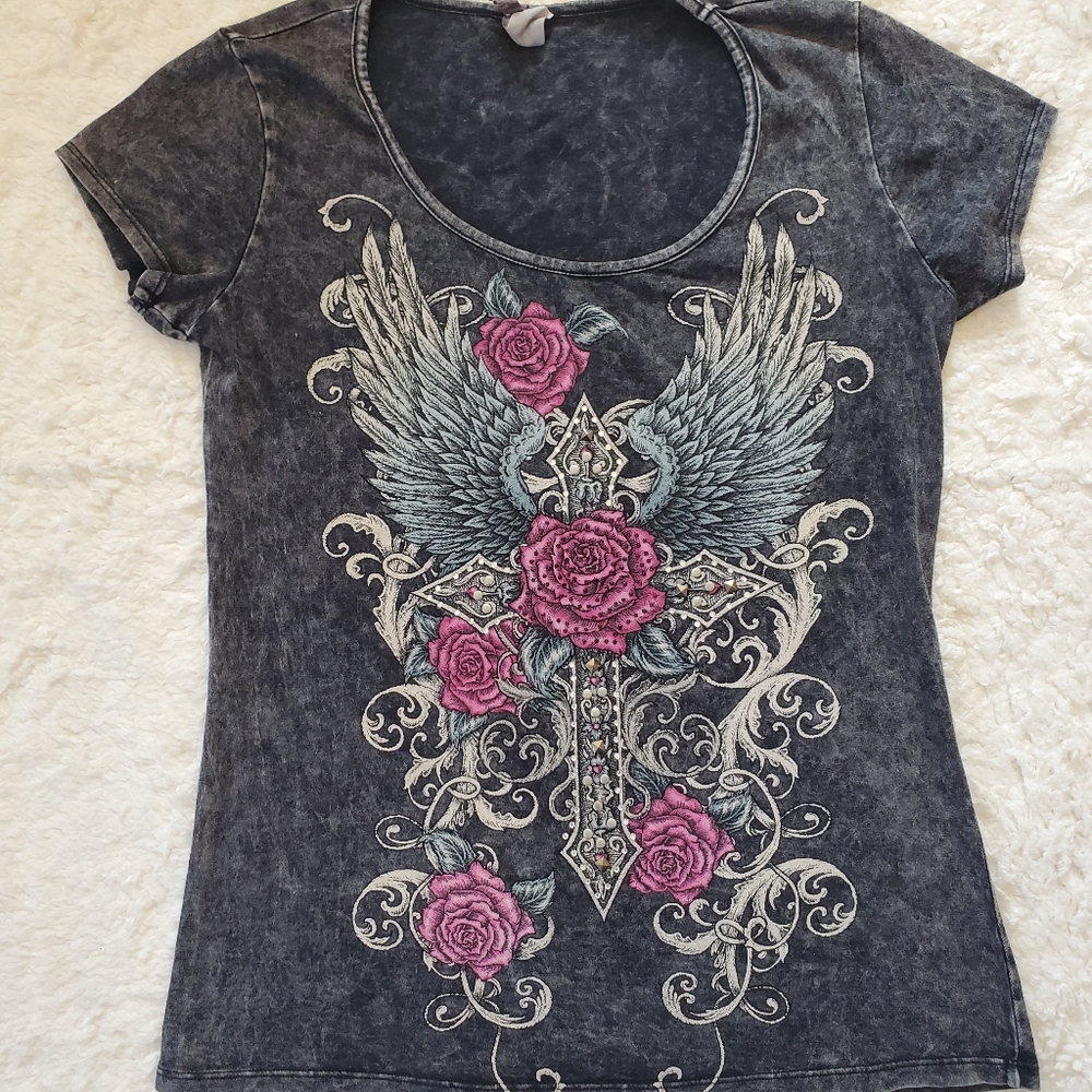 "RIDE ON" BIKER Women's Short Sleeve Shirt with Bling and Studs. Size Large.